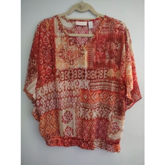 New Chico'sSz 1 Medium Beaded Banded Waist Top Blouse Sheer Orange Print Red